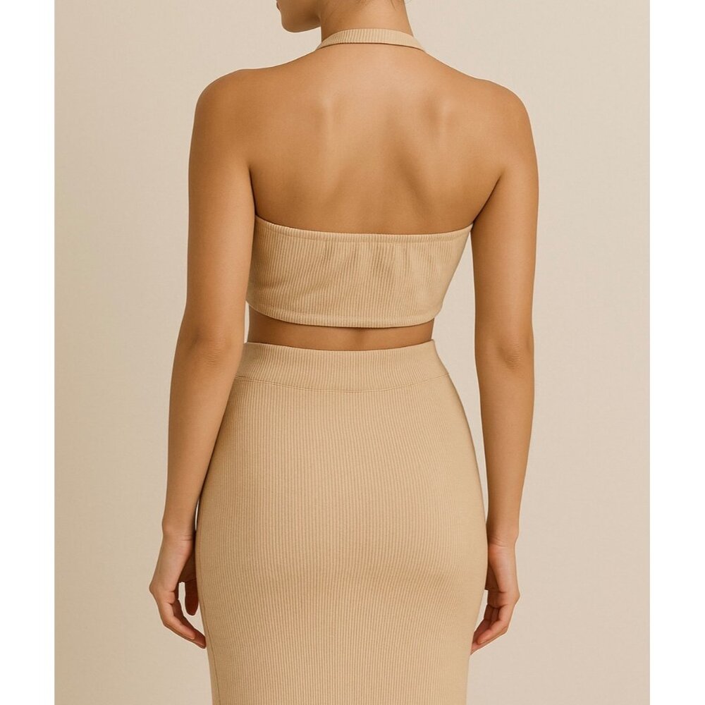 NWT Kimberly Taylor Bralette M Beige Ribbed Halter Top Resort Y2K Coastal Chic - Picture 2 of 14